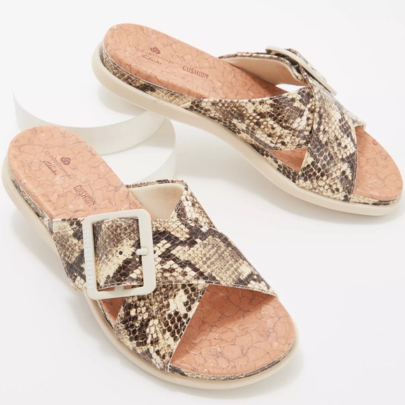 Clarks | Shoes | Clarks Step Juneshell Sandals In Taupe Snake Wide ...
